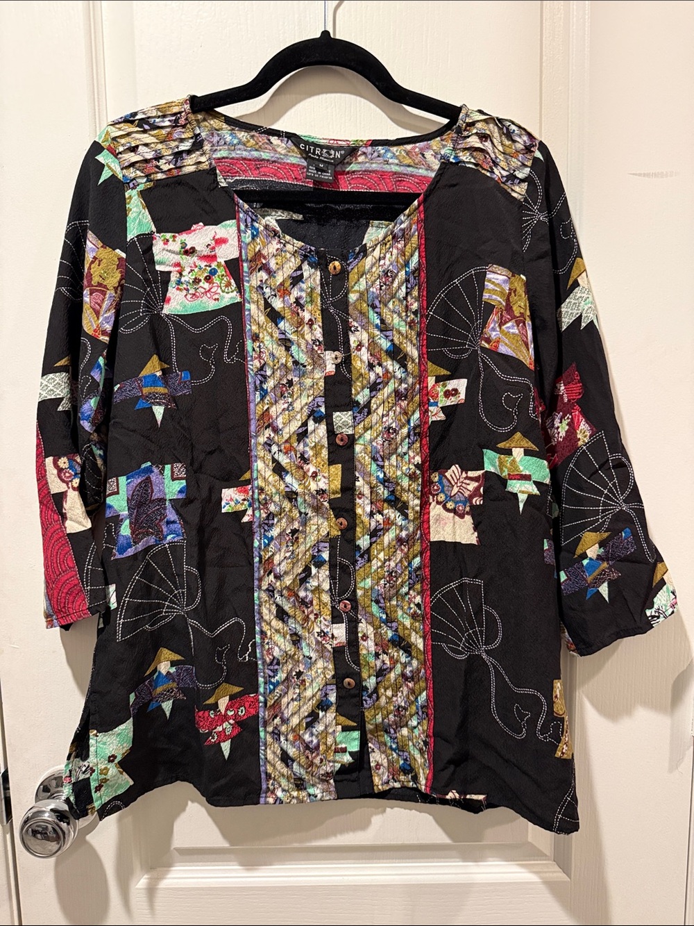 EUC Citron Black Button-Front Patchwork Accent Top 100% SILK
